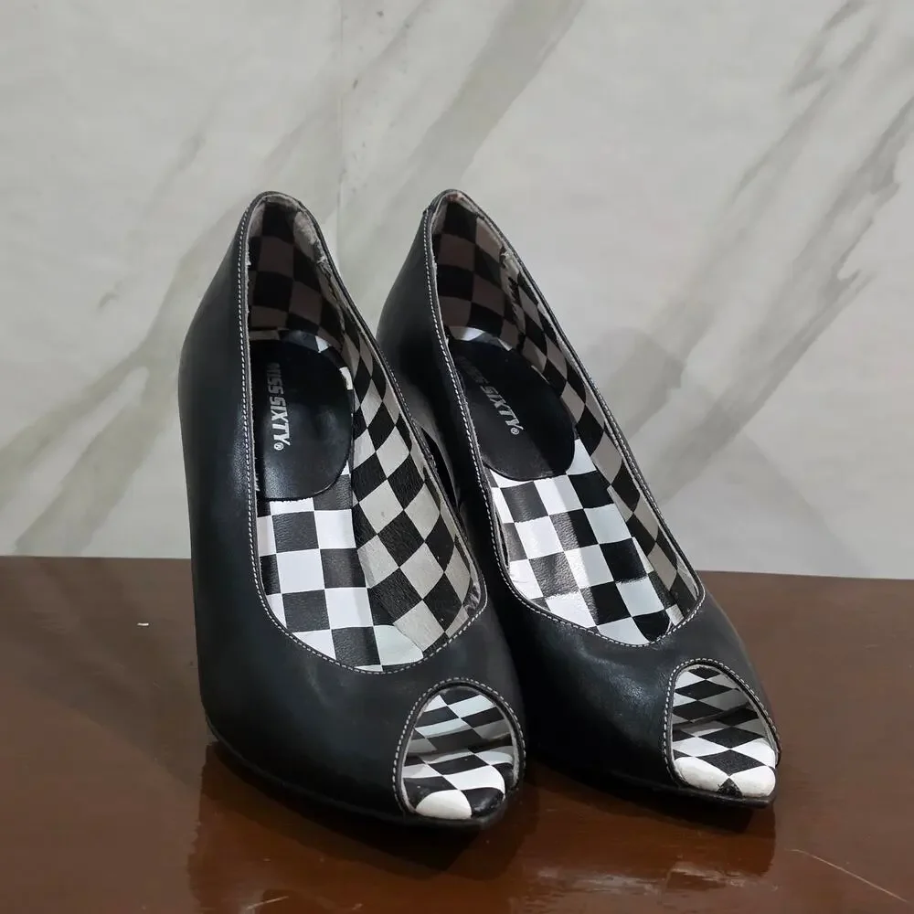 Miss Sixty Black Leather Peep Toe Heels Size 37